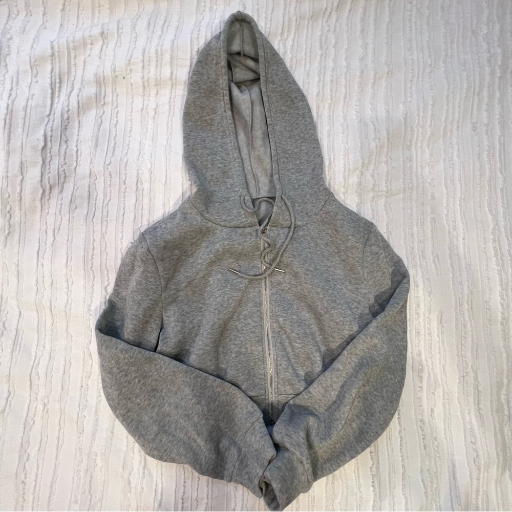 Grey Cropped Zip Up Hoodie